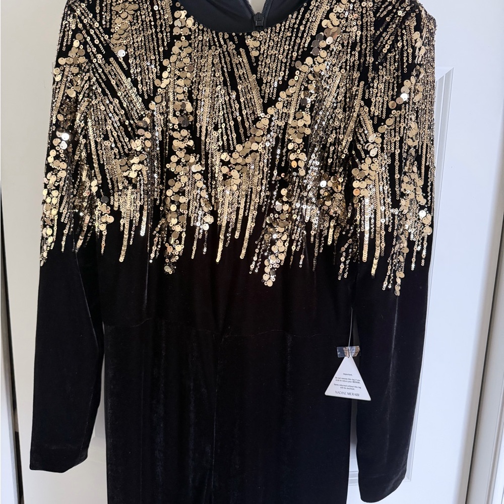 NADINE MERABI Black Velvet Long Sleeve jumpsuit with Gold Sequin Fringe